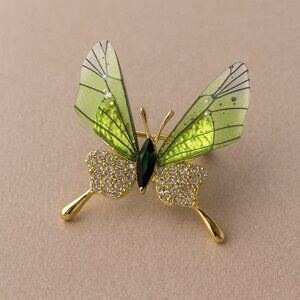 Gold-Tone Butterfly Brooch Pin w/ Rhinestones & Translucent Green Wings - New